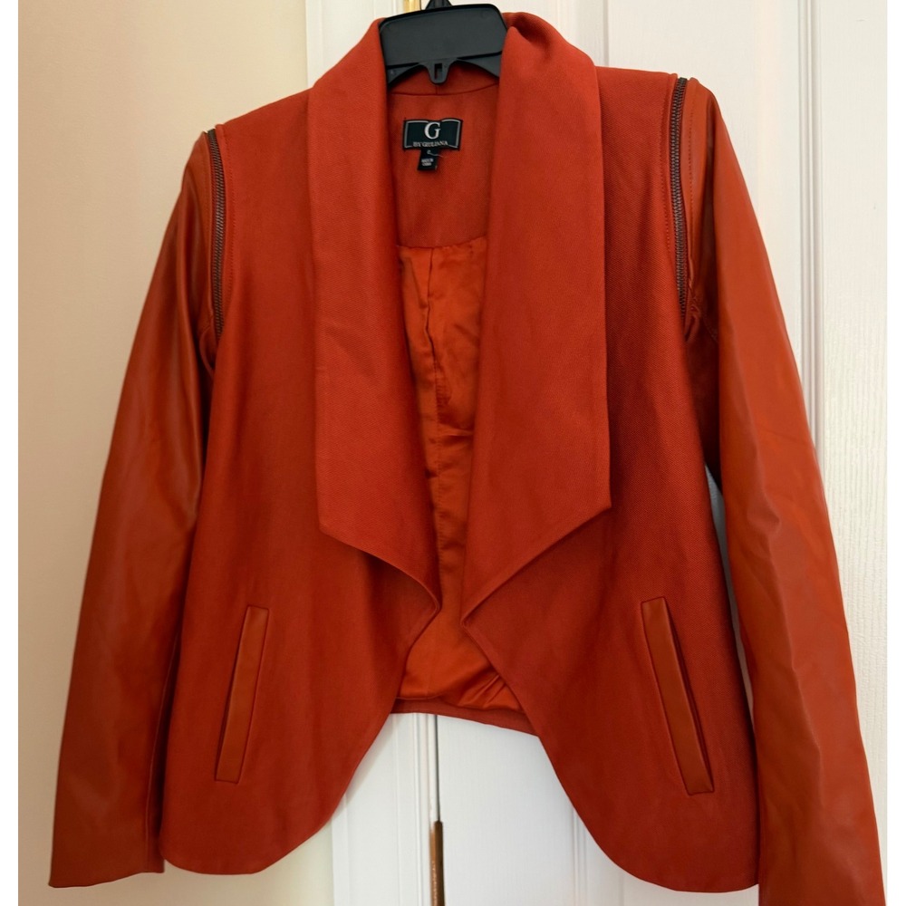 G by Giuliana Burnt Orange Faux Leather Mixed Media Open Front Jacket Small